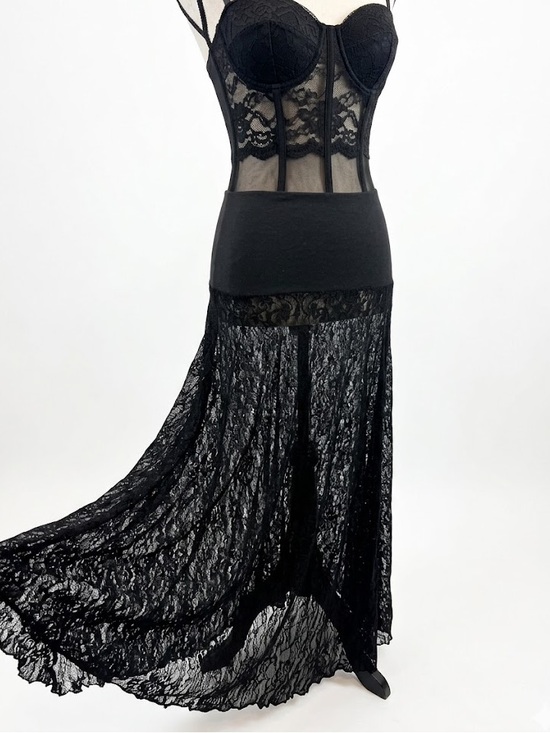 Dresses & Skirts - Black Lace Asymmetrical Midi Skirt Dress Sheer Stretch Waist Dark Feminine Goth